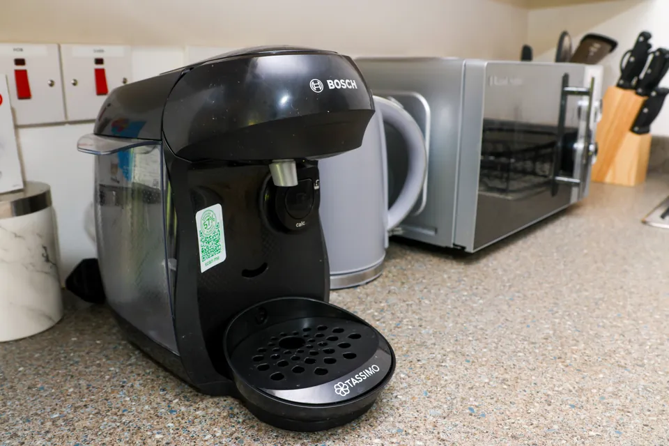 Coffee machine, kettle and microwave on the kitchen worktop at Humber Hub